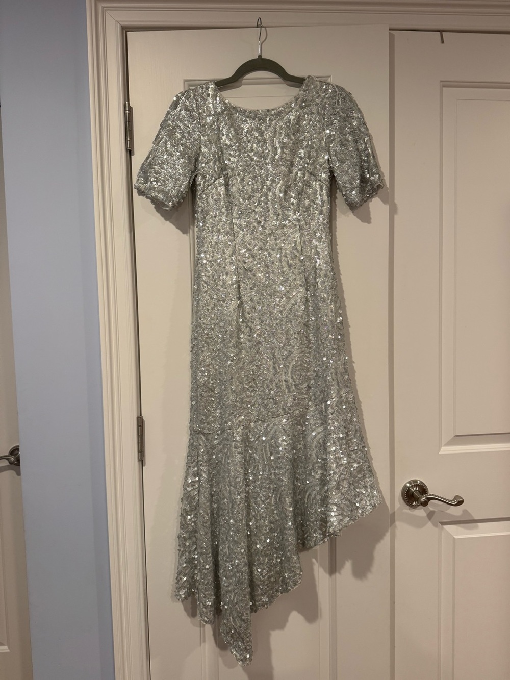 Adrianna Papell Silver Sequin High-Low Evening Dress